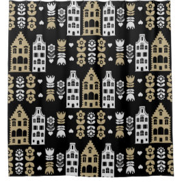 オランダ伝統的フォークアートプリント シャワーカーテン