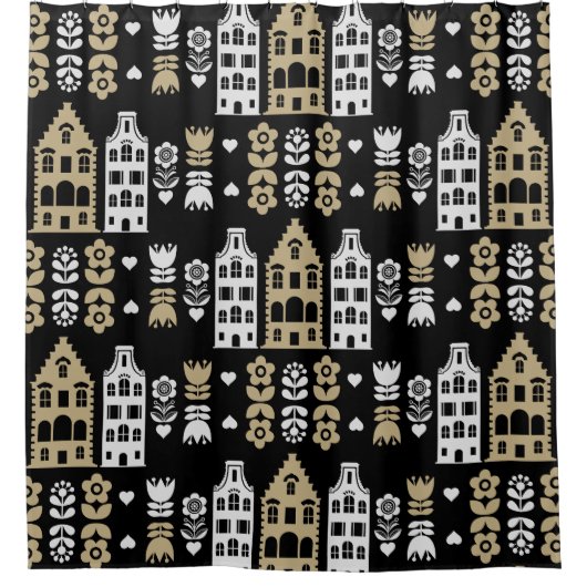 オランダ伝統的フォークアートプリント シャワーカーテン (正面)