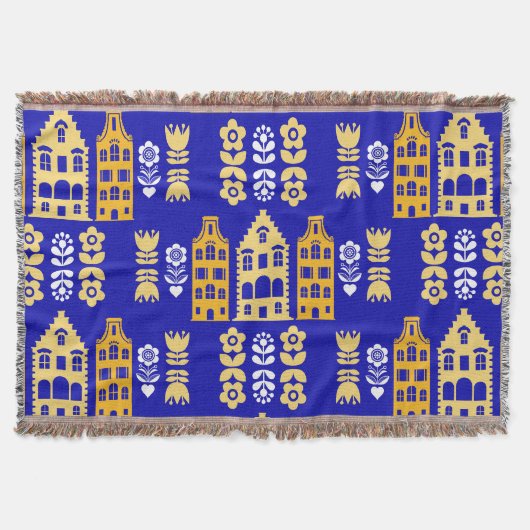 オランダ伝統的フォークアートプリント スローブランケット (正面)