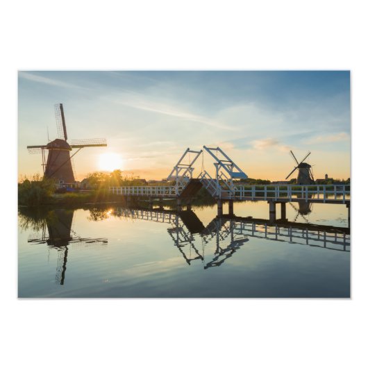 オランダ日没のドローブリッジと風車 フォトプリント (正面)