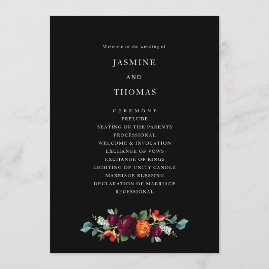 オランダ花模様のブラックヴィンテージ結婚式プログラム プログラム (正面)