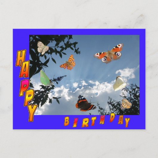 オランダ蝶ブルーハッピーバースデーはがき ポストカード (正面)