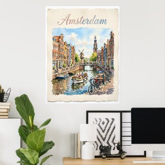 オランダ・アムステルダムの水彩画 ポスター