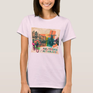 オランダ アムステルダム 運河 ビンテージ ポップアート 旅行 Tシャツ