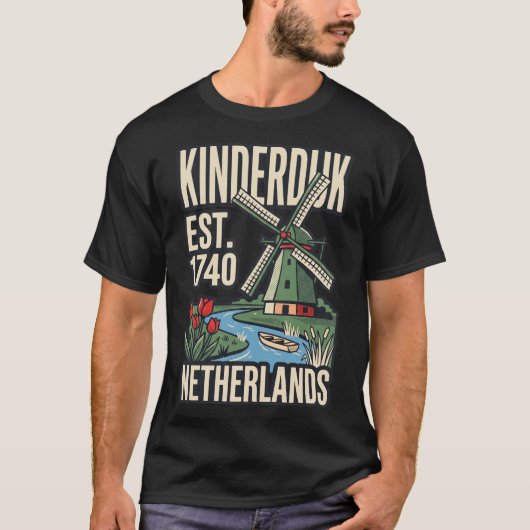 オランダ キンデルダイクの風車 伝統 ヴィンテージ トラベル ポスター Tシャツ (正面)