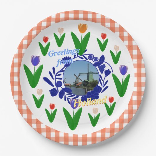 オランダDelftwareのスタイルのチューリップの花柄パターン ペーパープレート (正面)