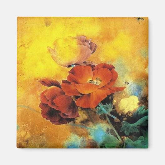 オリエカッコいいン中国のタル赤ポピー花水色 マグネット (正面)