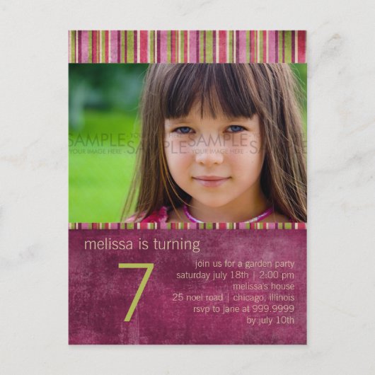 オリエストライプントBurgundy ・誕生日パーティーの招待 インビテーションポストカード (正面)