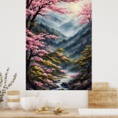 オリエンタルさくらんぼ花咲き水絵を描色の ポスター (キッチン)