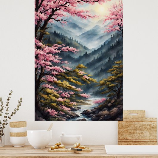 オリエンタルさくらんぼ花咲き水絵を描色の ポスター (キッチン)