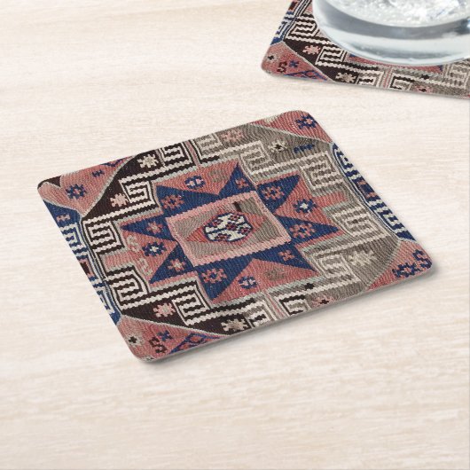 オリエンタルアンティークレッドキリムラグ スクエアペーパーコースター (アングル)