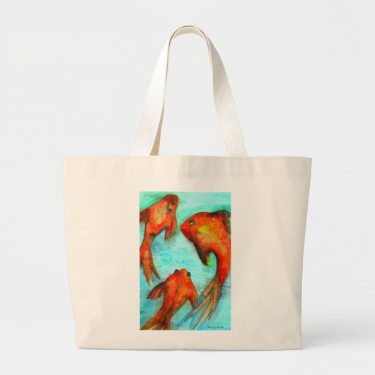 オリエンタルオレンジゴールドフィッシュ水彩オリジナルアート ラージトートバッグ (正面)