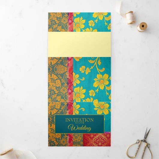 オリエンタルカラフルグリーンレッド – 招待状カード 三つ折り招待状 (外部)