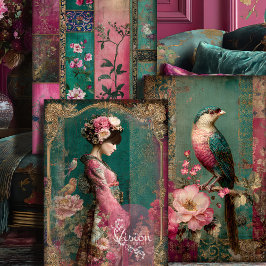 オリエンタルガーデン，ポートレート，鳥，パッチワーク，フローラ ラッピングペーパーシート