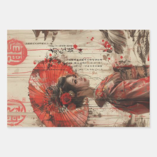 オリエンタルクレーンウーマンサンセットデコページ ラッピングペーパーシート (正面3)