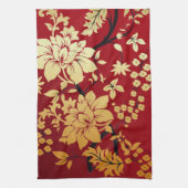 オリエンタルゴールデンフラワーオンレッド キッチンタオル (縦)