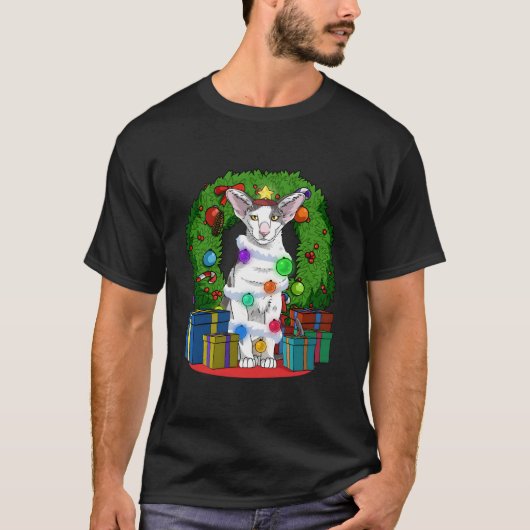 オリエンタルショートヘア 猫の木 クリスマス サンタ Tシャツ (正面)