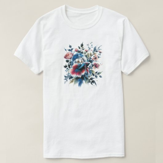 オリエンタルスタイルの花とベータ魚 Tシャツ (デザイン正面)
