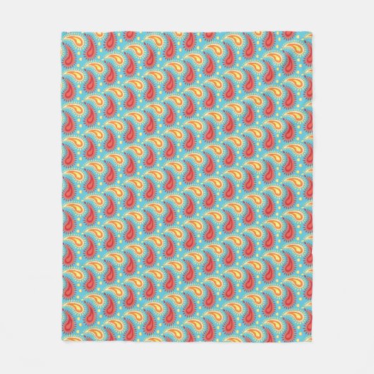 オリエンタルターコイズオレンジペルシアペイズリー模様 フリースブランケット (正面)