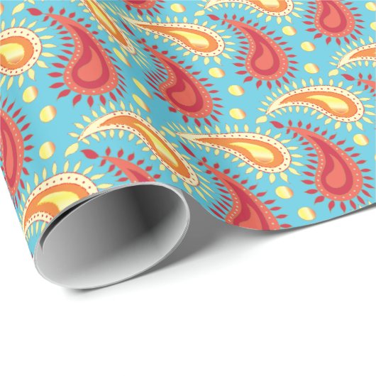 オリエンタルターコイズオレンジペルシアペイズリー模様 ラッピングペーパー (ロールコーナー)