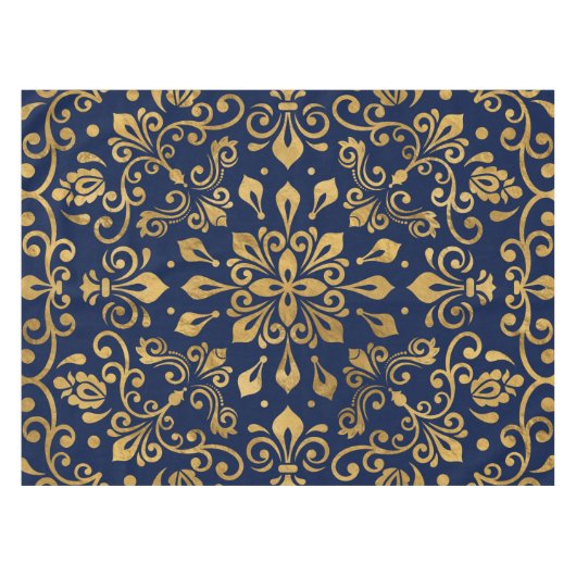 オリエンタルダマスクオーナメント-濃い青の金ゴールド#2 テーブルクロス (正面(横))