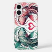 オリエンタルピンクとティール（緑がかった色）ラブハートコイタトゥーケース Case-Mate iPhoneケース (裏面)