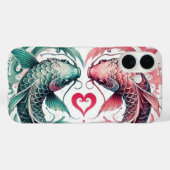 オリエンタルピンクとティール（緑がかった色）ラブハートコイタトゥーケース Case-Mate iPhoneケース (裏面 (横))