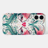 オリエンタルピンクとティール（緑がかった色）ラブハートコイタトゥー Case-Mate iPhoneケース (裏面 (横))