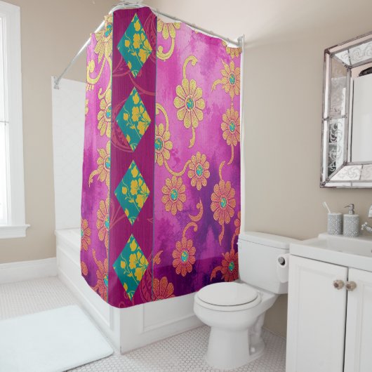 オリエンタルピンクターコイズフローラ – シャワーカーテン (インサイチュ)