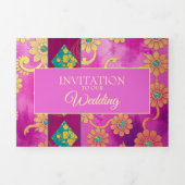 オリエンタルピンクターコイズフローラ-招待状カード 三つ折り招待状 (カバー)