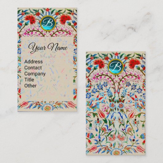 オリエンタルフラワーダマスクモノグラムブルーピンクフローラ 名刺 (正面/裏面)