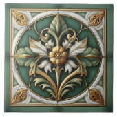 オリエンタルフローラオーナメントタイル – 緑と金ゴールド タイル (正面)