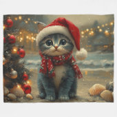 オリエンタルブルーキャットクリスマスヴィンテージビーチ フリースブランケット (正面(横))