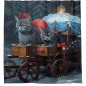 オリエンタルブルーキャットスノーイスレクリスマスデコール シャワーカーテン (正面)