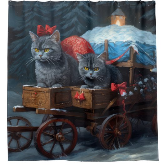 オリエンタルブルーキャットスノーイスレクリスマスデコール シャワーカーテン (正面)