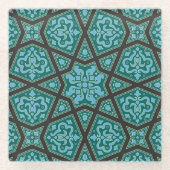 オリエンタルブルーグレーアラビアエジプト幾何学模様 ガラスコースター (正面)