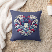 オリエンタルブルーバイオレット抽象芸術芸者の波ハート クッション (ブランケット)