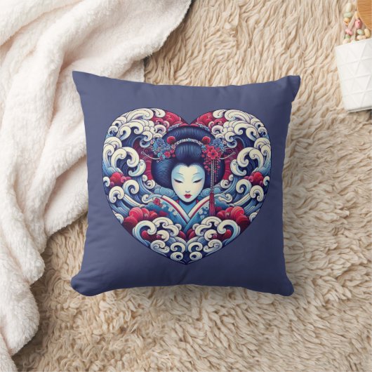 オリエンタルブルーバイオレット抽象芸術芸者の波ハート クッション (ブランケット)