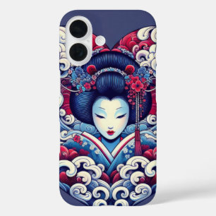 オリエンタルベクターブルーバイオレット抽象芸術芸者波 iPhone 16ケース