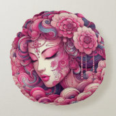 オリエンタルベクトル抽象芸術芸者ピンクのフラクタル波 ラウンドクッション (正面)