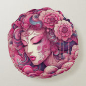 オリエンタルベクトル抽象芸術芸者ピンクのフラクタル波 ラウンドクッション (裏面)