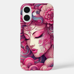 オリエンタルベクトル抽象芸術芸者ピンクのフラクタル波 iPhone 16ケース