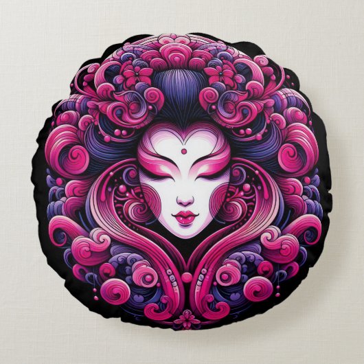 オリエンタルベクトル抽象芸術芸者フラクタルピンク波 ラウンドクッション (正面)