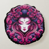 オリエンタルベクトル抽象芸術芸者フラクタルピンク波 ラウンドクッション (裏面)