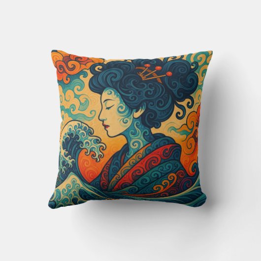 オリエンタルベクトル抽象芸術芸者神奈川波動 クッション (裏面)