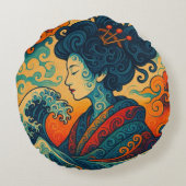 オリエンタルベクトル抽象芸術芸者神奈川波動 ラウンドクッション (裏面)