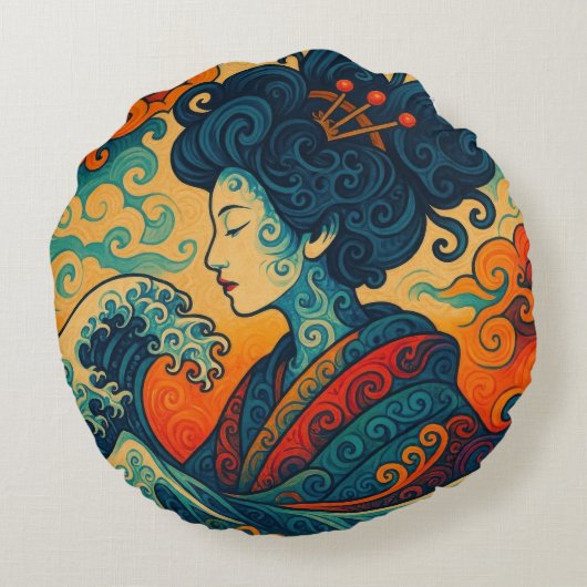 オリエンタルベクトル抽象芸術芸者神奈川波動 ラウンドクッション (裏面)