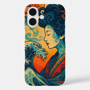 オリエンタルベクトル抽象芸術芸者神奈川波動 iPhone 16ケース