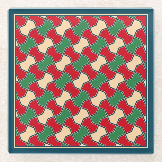 オリエンタルレッドグリーンボウタイ幾何学模様 ガラスコースター (正面)