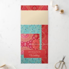オリエンタルレッドターコイズパターン – 招待状カード 三つ折り招待状